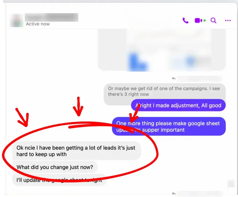 Messenger chat with Bryden about getting a lot of leads